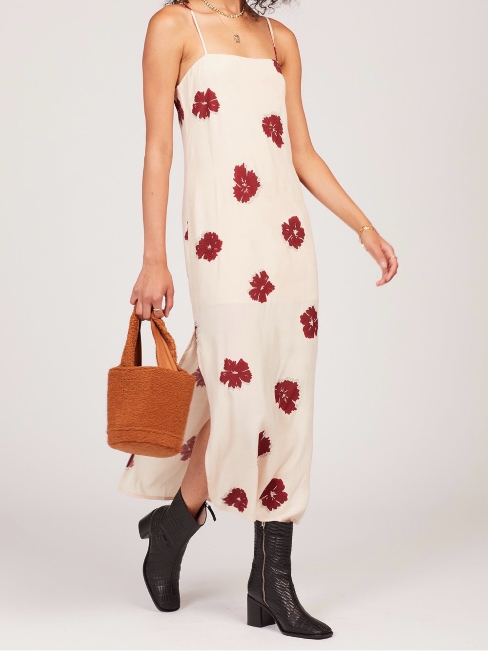 NWT Amuse Society Y2K Feminine Festival Coquette Cream Maroon Floral Slip Dress